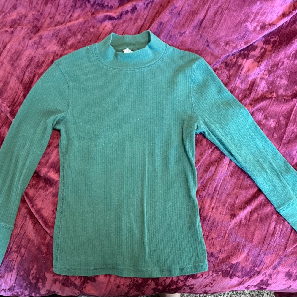 Free People Green Ribbed Mock Neck Top